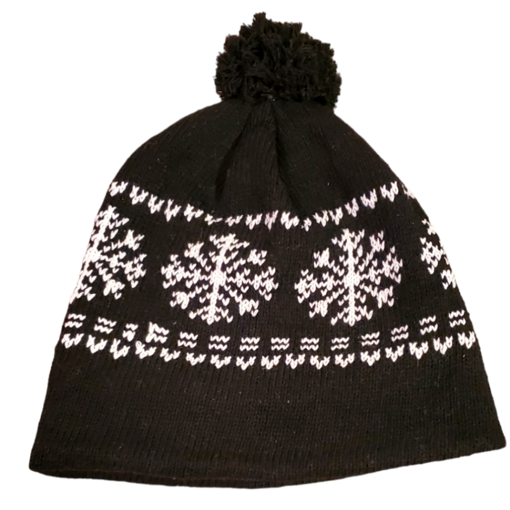 JUNCTURE Knit Beanie Hat Pom Pom Winter Unisex‎ Snowflakes Lined, Black, OS